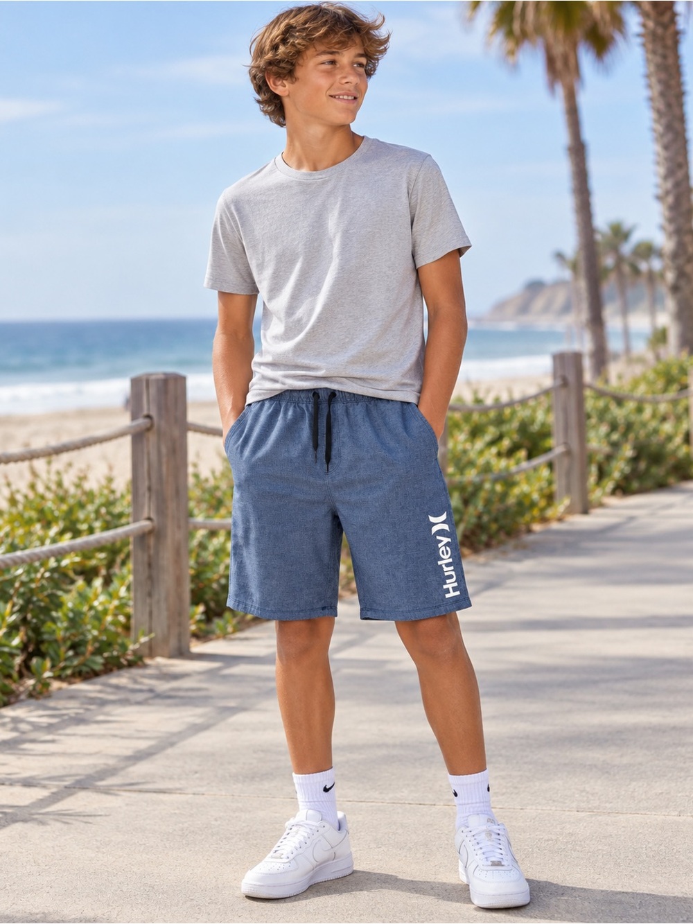 Hurley Boys Blue Heather Athletic Shorts Size 14/16 Drawstring Logo Activewear